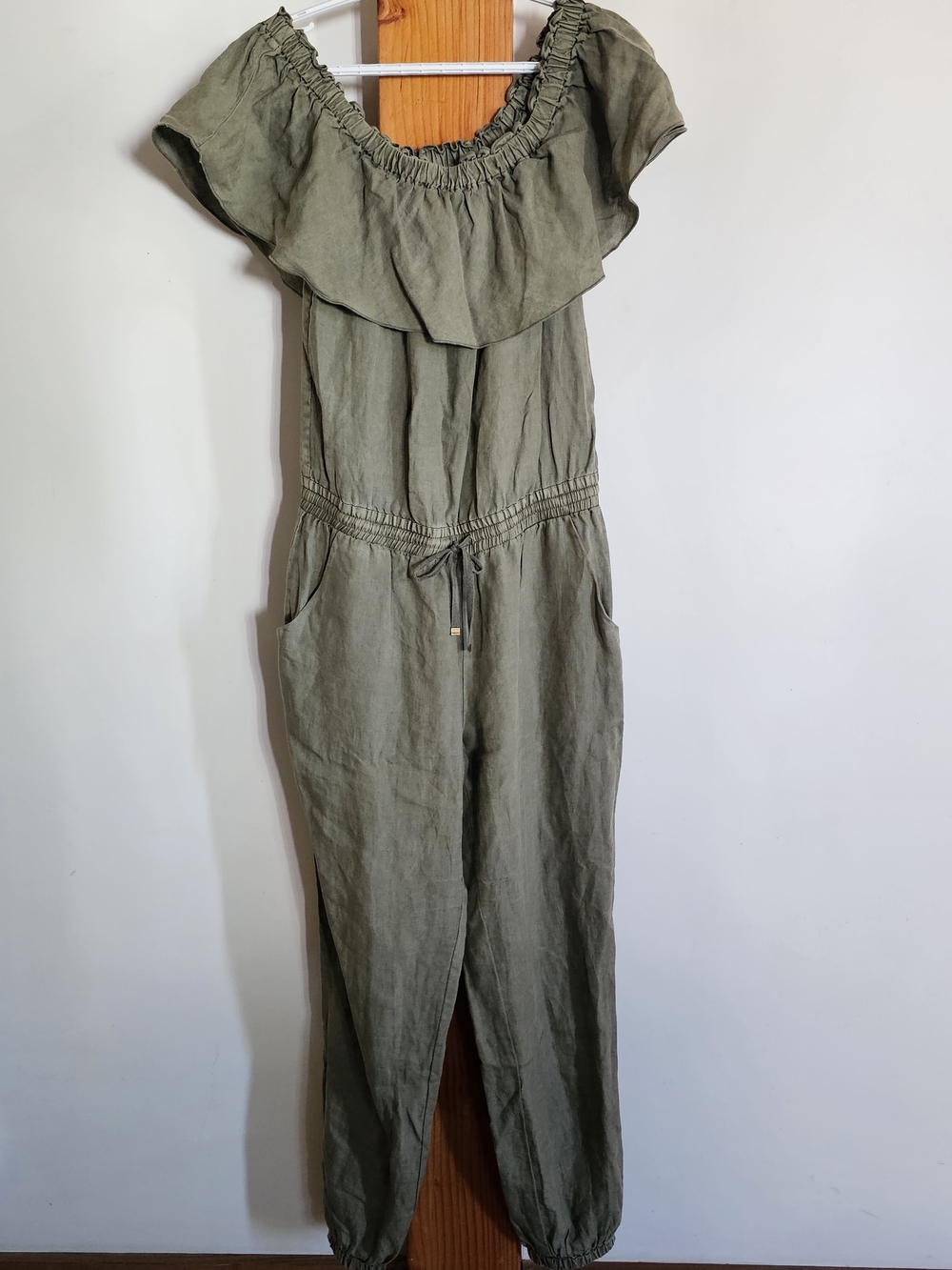 On The Road Olive Green Off-Shoulder Jumpsuit
